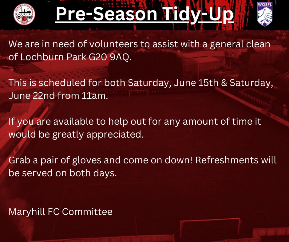 Maryhill_FC's tweet photo. Lochburn Park pre-season tidy-up🧹

📅 Saturday, June 15th &amp; Saturday June 22nd from 11am.

All help is appreciated🙏 

🔴⚫️🔴⚫️ https://t.co/L8XwqNR59B