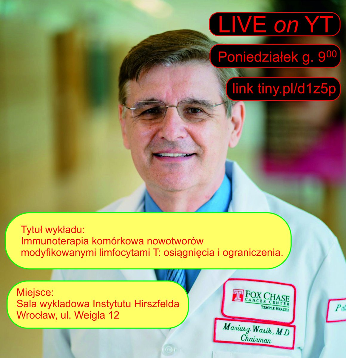 BINWIT_PL's tweet photo. Juz w ten poniedziałek, Instytut Hirszfelda i Polskie Tow. Genetyczne zapraszają na wykład Prof. M. Wąsika z Uniwersytetu Pennsylwanii w Filadelfii. Profesor opowie o nowych technologiach w leczeniu raka z zastosowaniem terapii genowych. Link  on-line   https://t.co/J40DVxta3D https://t.co/pxXBhjv77q