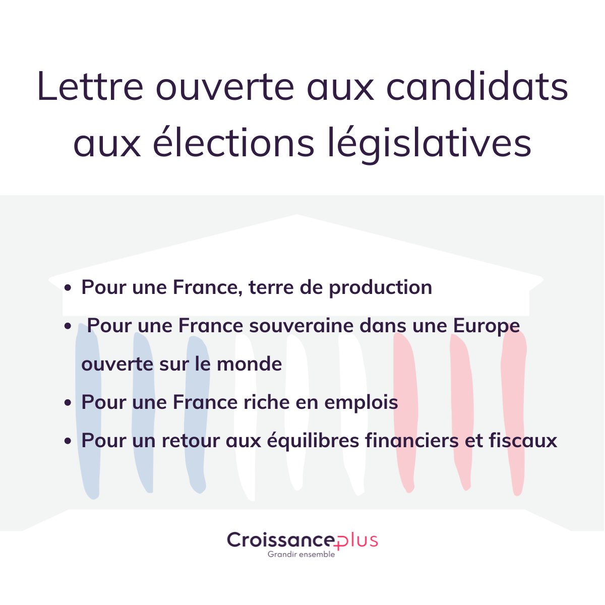 #Electionslégislatives Lettre ouverte aux candidats aux élections législatives. <a href="/CroissancePlus/">CroissancePlus</a> rassemble 480 entrepreneurs de #PME et d'#ETI, 11 milliards de CA cumulés, 110 000 emplois. 

Lire notre lettre ouverte 👉 croissanceplus.com/wp-content/upl…