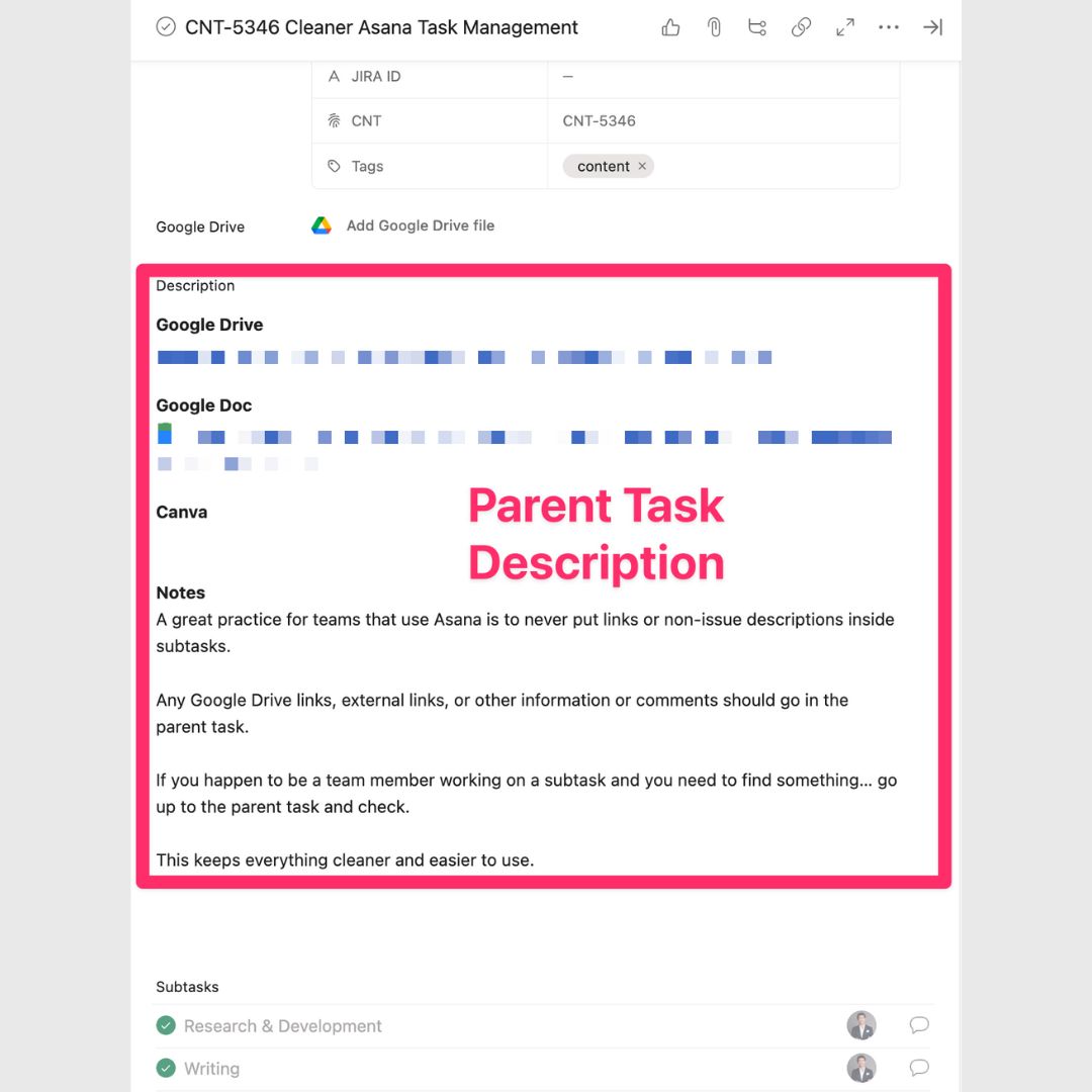 aaronlynnme's tweet photo. Cleaner Asana Task Management

A great practice for teams that use Asana is to never put links or non-issue descriptions inside subtasks.
Any Google Drive links, external links, or other information or comments should go in the par https://t.co/tcohL7eVGQ