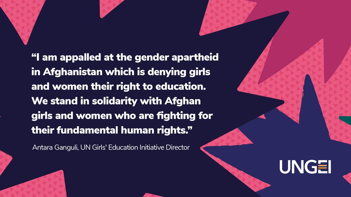 UNGEI's tweet photo. Today marks 1000 days since Afghan girls were shut out of education 💔
 
The int'l community must do more to end this injustice and ensure all children in Afghanistan can access inclusive, safe &amp; gender equal education.
 
@antaraganguli
 
#LetAfghanGirlsLearn
#AfghanGirlsVoices https://t.co/ZPEbk0jW9j