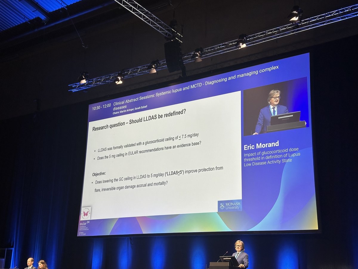 eular_ARD's tweet photo. Prof @EricFMorand from @MonashUni reported no differences in accrual of damage and risk of flare for #lupus patients if redefining #LLDAS using 5mg prednisone instead of 7.5mg!
He conclude that lowering prednisone dose is a goal of #SLE management
#EULAR2024
MP https://t.co/nWQid1lUPJ