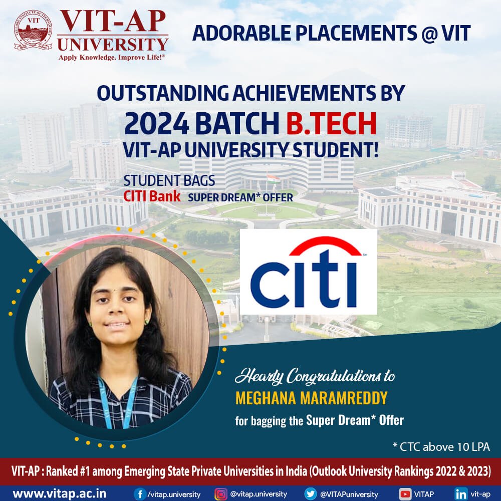 VITAPuniversity's tweet photo. Huge congrats to Meghana Maramreddy, https://t.co/ax6sFfPuXX (2024), for landing a dream job at CitiBank! #VITAP #BTech2024 #PlacementNews #CitiBank https://t.co/Pw1Vofmjs3