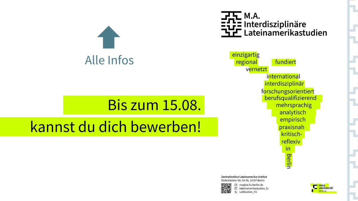 ✨ ¿Quieres aplicar a la Maestría en Estudios Latinoamericanos Interdisciplinarios?  Alle Informationen findest du hier ➡️ lai.fu-berlin.de/studium/master… 🌎 
#MasterLAI #FUBerlin