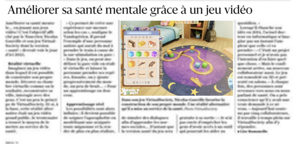 Comment VirtualSociety peut être un allié de votre santé mentale ? Aujourd'hui, c'est l'Est Républicain qui en parle en page 2 dans le cadre de la santé mentale !