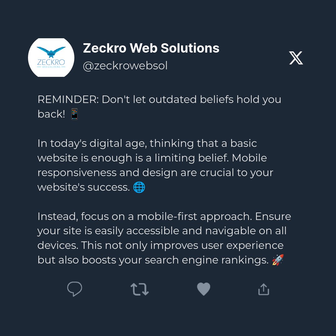 Stop thinking of your website as just a desktop experience. Embrace mobile-first design to stay ahead of the curve! Visit our website: zeckrowebsolutions.com Share or comment if you agree! #WebDesign #MobileFirst #DigitalMarketing