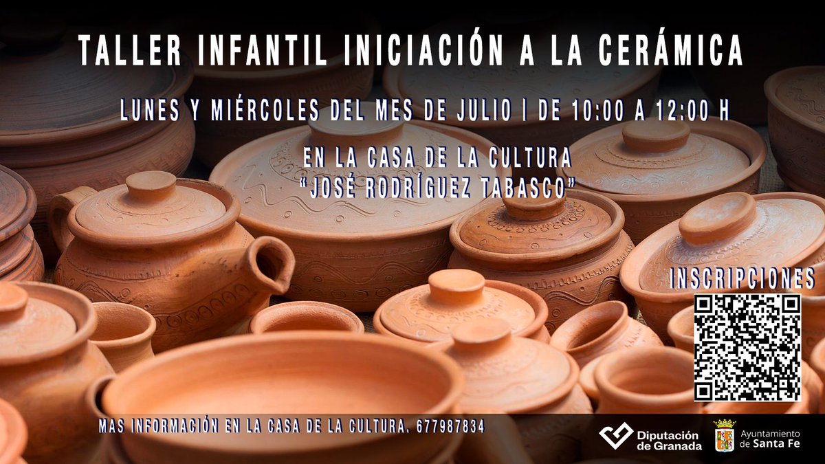 🟤TALLER INFANTIL INICIACIÓN A LA CERÁMICA🟤 
Todos los lunes y miércoles de mes de julio.
De 10:00 a 12:00 h

Plazas limitadas, inscripciones en al casa de la cultura o en docs.google.com/forms/d/e/1FAI…