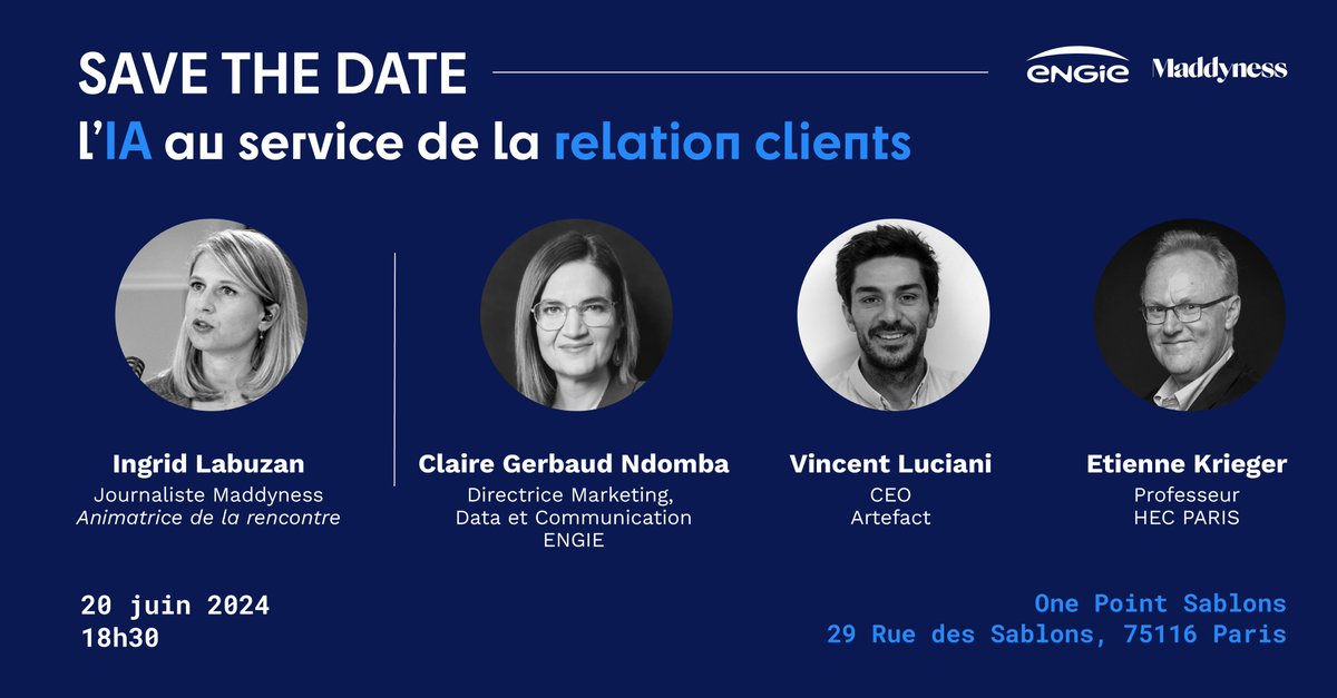 ⏰ Tic, tac… La nouvelle rencontre ENGIE x <a href="/bymaddyness/">Maddyness</a>, c'est dans une semaine !

Découvrez les intervenants de cette édition dédiée à l'#IA au service de la relation clients 👇

#JAgisAvecENGIE