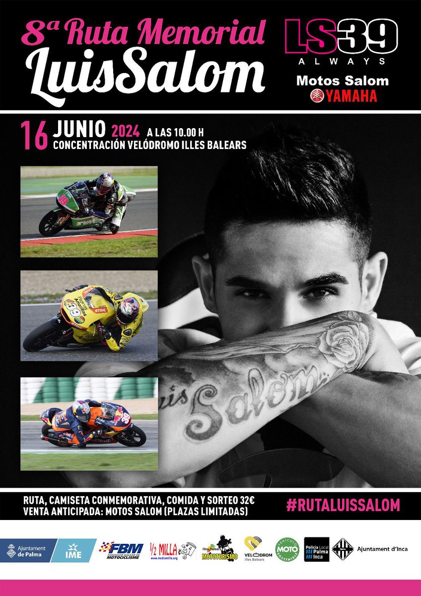 𝐋𝐔𝐈𝐒 𝐒𝐀𝐋𝐎𝐌 #𝟑𝟗 𝐀𝐋𝐖𝐀𝐘𝐒
8ª RUTA MEMORIAL LUIS SALOM
Domingo 16 junio 2024 a las 10h
Velódromo Illes Balears, Palma Nos solidarizamos también con la  familia y amig@s de nuestro compañero José Antonio Gutiérrez fallecido el pasado mes de mayo en circuito de Calafat