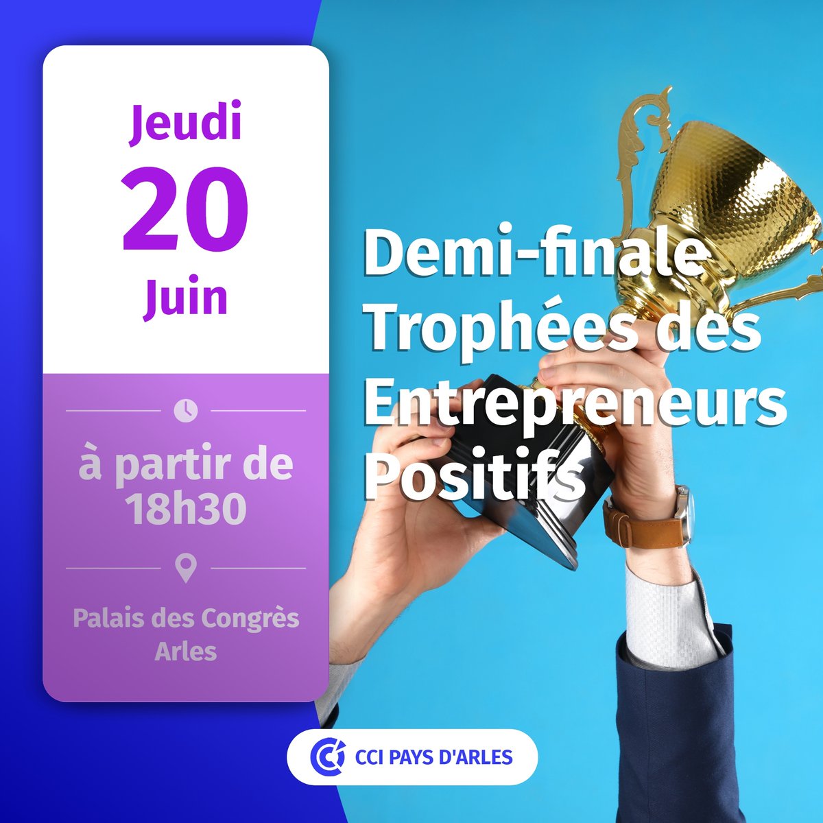 [#SaveTheDate📌]
👋 Les #entrepreneurs du territoire vs donnent RDV pr la 1/2finale des #TrophéesDesEntrepreneursPositifs13 de la <a href="/cpme13/">CPME 13</a> 🎫 Réservez votre place !

📆 20/06
🕙 18h30
📍 @congres_arles 

ℹ📝 swll.to/mZDiKOf

#CCI #Arles #Cérémonie #RemiseDesPrix