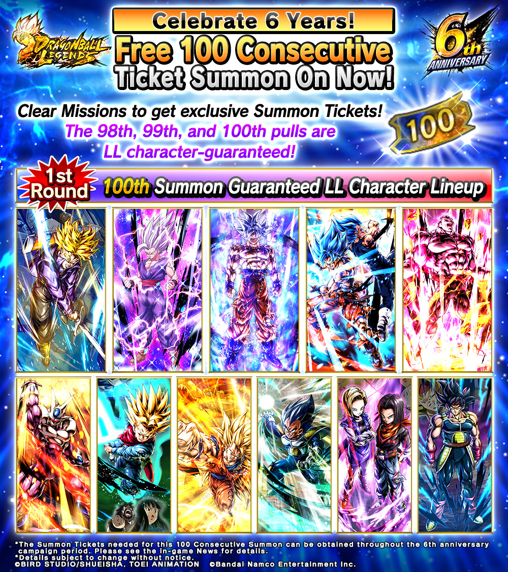 DB_Legends's tweet photo. ／
Free 100x Ticket Summon
Available Now!
＼

Clear Missions to get the special Summon Tickets!
The 98th, 99th, and 100th Summons are guaranteed to be LL-rarity!
Time to get some powerful LL characters!

See the in-game News for details!

#DBL6thAnniversary
#Dragonball https://t.co/cmnchlbAqT