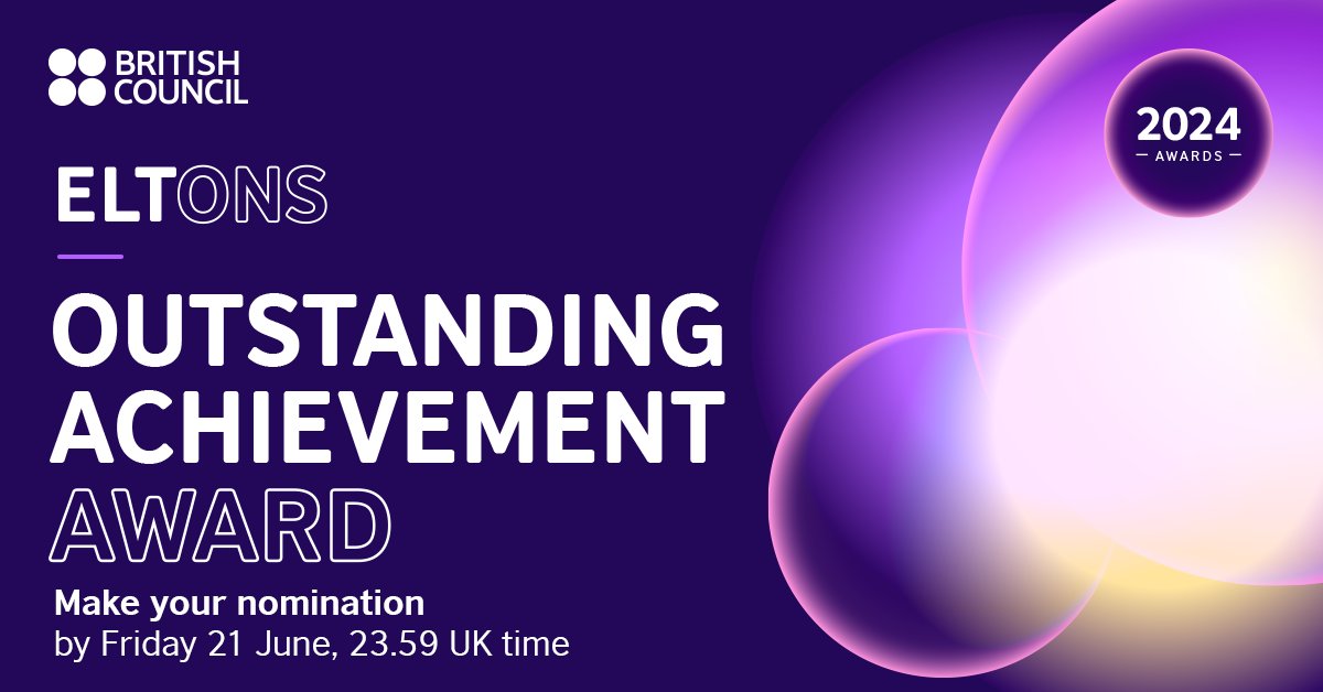 📢 There's just over one week left to make a nomination for the hashtag #ELTons Outstanding Achievement Award. You can nominate an individual, group or organisation, showcasing them and their work at our global awards.🌍
Make a nomination! bit.ly/3xM3sYz

#ELT #EFL