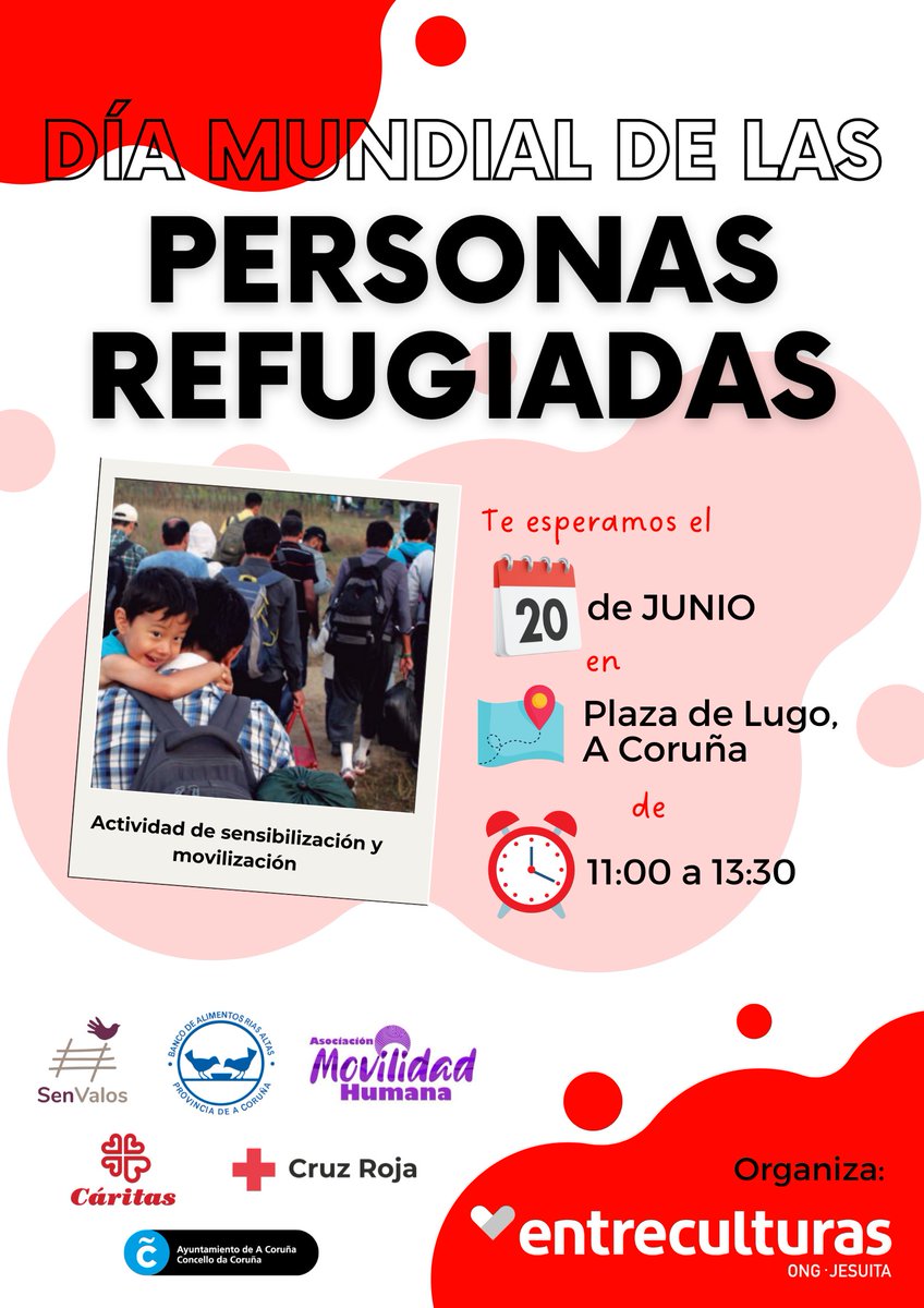 20J: #DÍAMUNDIALDELASPERSOANSREFUGIADAS

El próximo jueves 20 celebramos una jornada para acercar la realidad de las personas refugiadas a la ciudadanía de A Coruña. 

Estaremos en la Plaza de Lugo de 11 a 13:30. 

¡Anímate a participar!