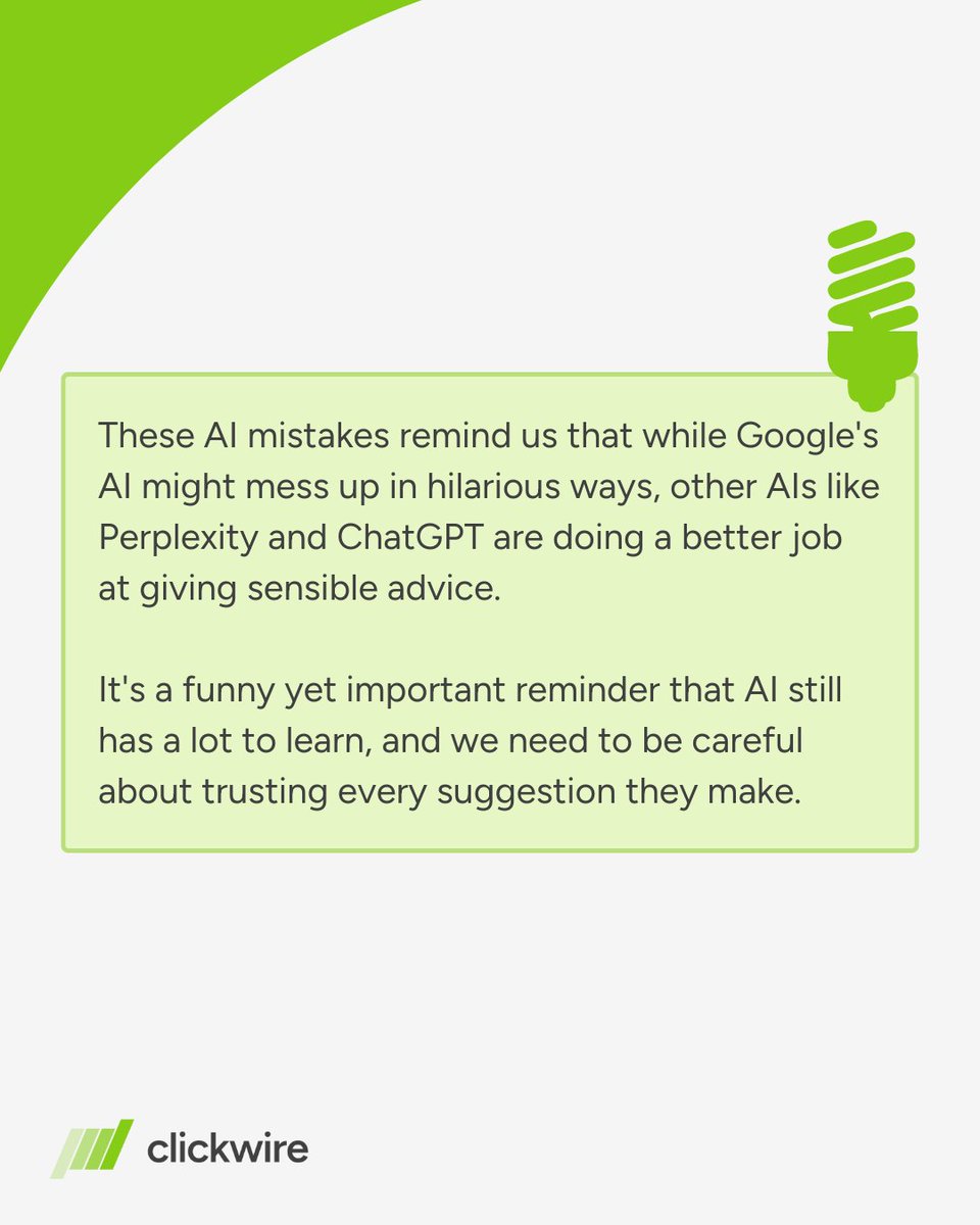 Clickwire_io's tweet image. Remember when Google AI told us to put glue in our pizza? Turns out Google’s AI had the last laugh by actually learning from our jokes. 

One positive sign? Google’s AI can't even answer questions about its own products anymore. 

#glueonpizza #googlefail #googleai #sge #ai