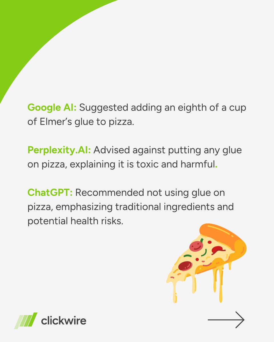 Clickwire_io's tweet image. Remember when Google AI told us to put glue in our pizza? Turns out Google’s AI had the last laugh by actually learning from our jokes. 

One positive sign? Google’s AI can't even answer questions about its own products anymore. 

#glueonpizza #googlefail #googleai #sge #ai