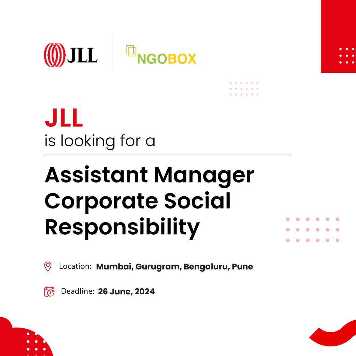 NGOBOX's tweet photo. #JobOpening JLL is looking for an Assistant Manager Corporate Social Responsibility.
Deadline: 26 June 2024 Location: Mumbai, Gurugram, Bengaluru, Pune Apply: https://t.co/ocLfVkXc0Z
#Hiring #JLL #CSRManager #MumbaiJobs #GurugramJobs #BengaluruJobs #PuneJobs https://t.co/RDmkfw7u4r
