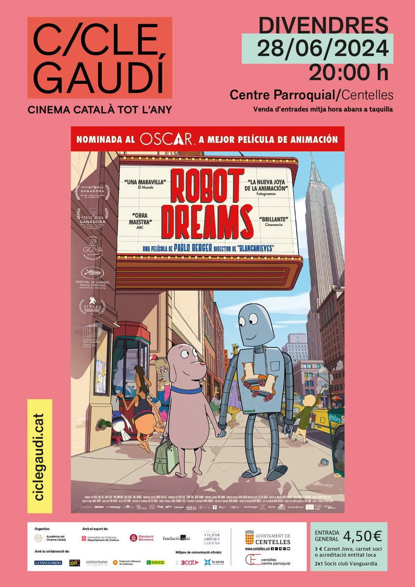 aj_centelles's tweet photo. Robot dreams, pel·lícula d'animació guanyadora de 2 premis Goya i nominada als Oscars, és la pel·lícula de juny del Cicle Gaudí
📅28 juny
🕑20h
📍Centre Parroquial
👉https://t.co/JbGV5xb4dd
🔊 Audiodescripció disponible per a persones amb discapacitat visual a l'app #AudescMobile https://t.co/uktLwn3ZtA