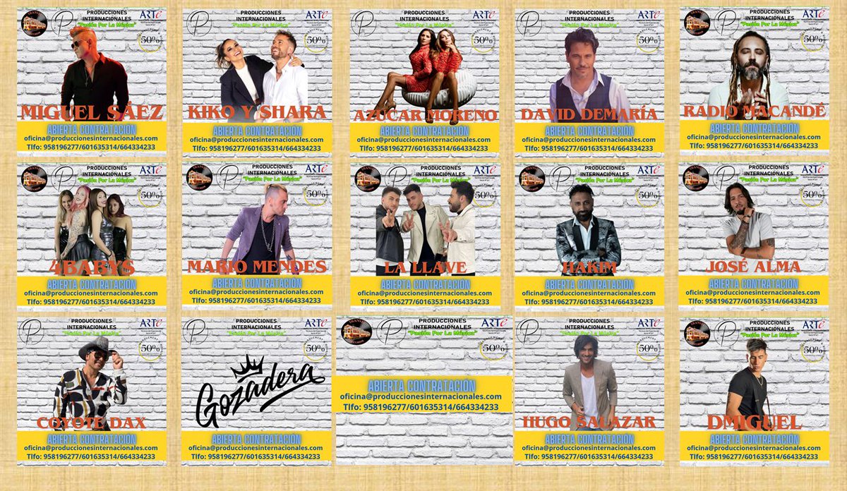 ¡¡Abierta contratación !!

Desde Producciones internacionales os proponemos a los artistas más demandados del momento. 👌🎵🎶

Dale a tu gente , algo grande para recordar.
📩oficina@produccionesinternacionales.com
☎958196277/601635314/664334233