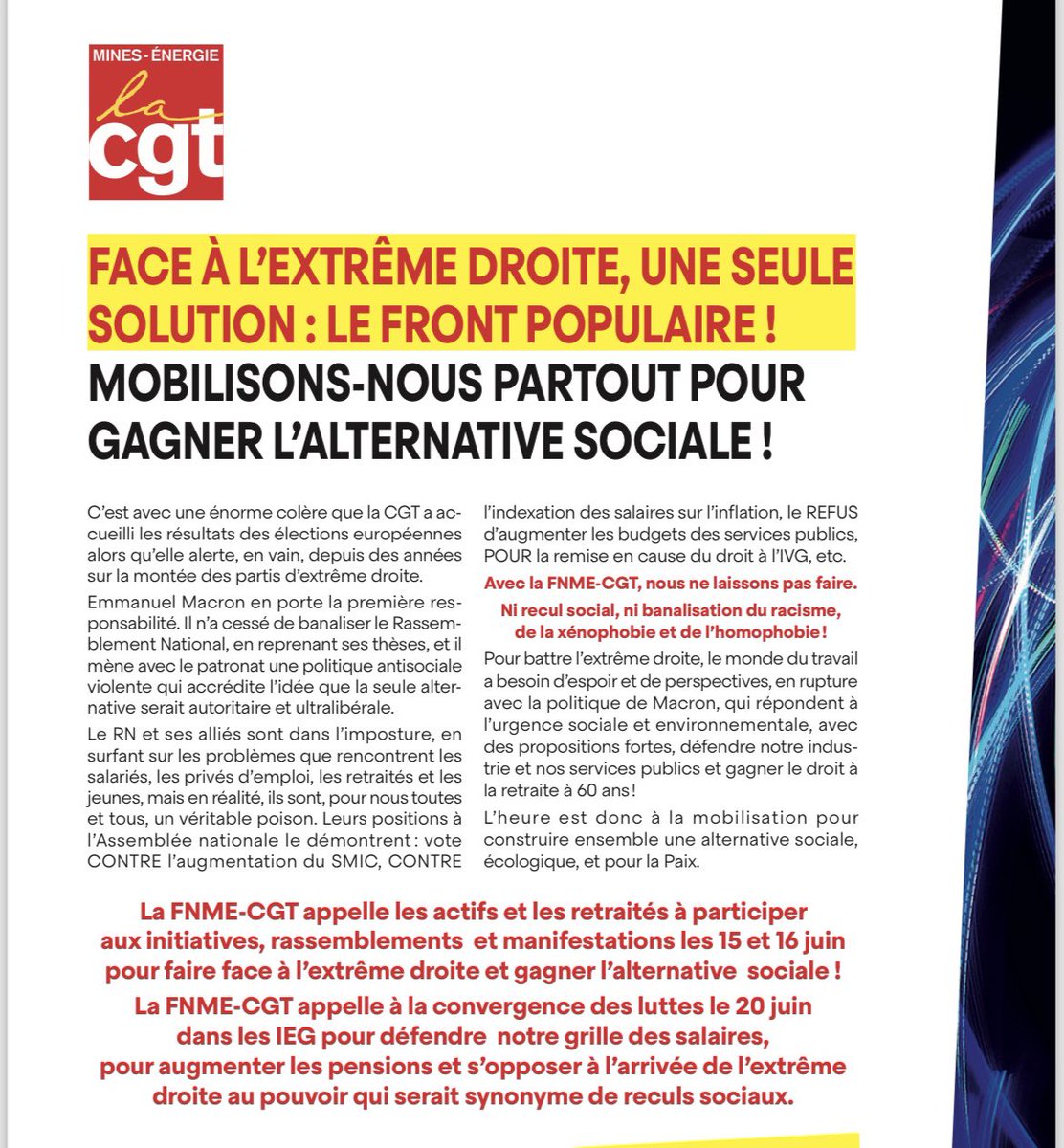 FNMECGT's tweet photo. La FNME-CGT appelle à participer aux initiatives, rassemblements et manifestations les 15 et 16 juin pour faire face à l’extrême droite et gagner l’alternative sociale !
La FNME-CGT appelle à la convergence des luttes le 20 juin dans les IEG ! ✊🏽
#frontpopulaire https://t.co/cglMMD42is