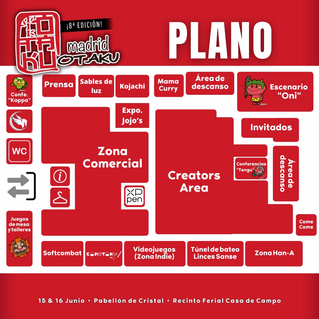 madridotaku's tweet photo. ¡Habéis desbloqueado el mapa! 🔥

Es peligroso ir solo, llevaos este mapa simplificado para guiaros en vuestras aventuras por Madrid Otaku 2024.

En nuestra web podéis encontrar el plano esquemático más detallado, con todos los puestos numerados y además, táctico 😎
---
📅 15 • 16 Junio 2024
📍 Pabellón de Cristal • Recinto Ferial Casa de Campo