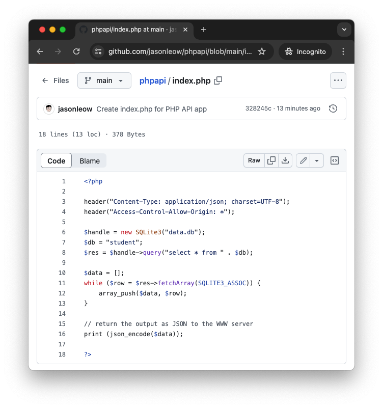 jasonleowsg's tweet image. Just threw together an API using PHP and SQLite.
Deployed on Apache server.
Now live on the internet. 
In under 1 hour.
It didn&apos;t crash.

JS dev in me is amazed 😮