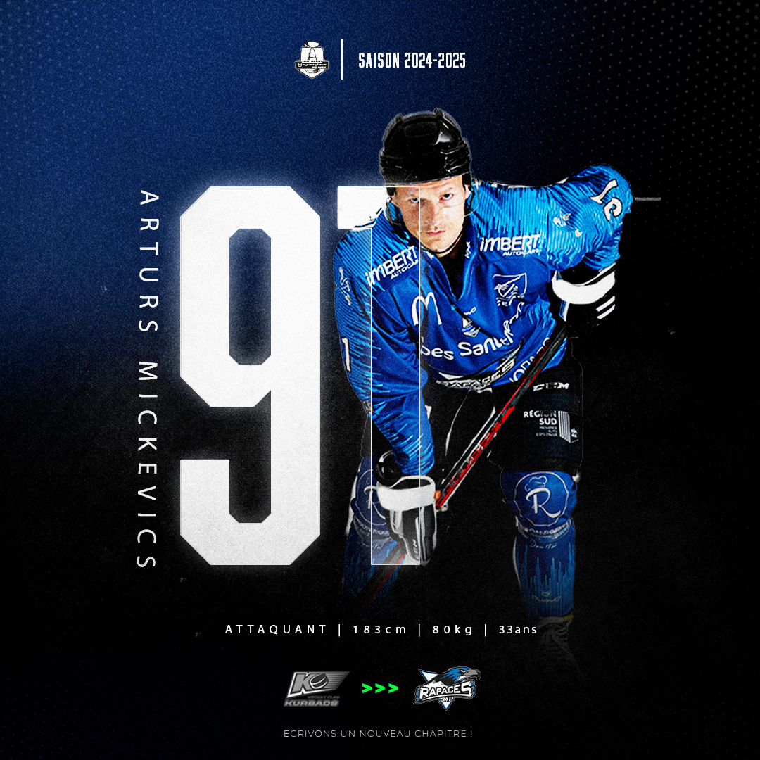 Il est de retour ! 🚀
Arturs Mickevics revient chez les Rapaces pour une troisième saison chez les Rapaces !
Top scorer avec 50 points en 39 matchs la saison dernière dans son club letton du HK Kurbads, Arturs sera un élément important de l'attaque gapençaise 💪

Bon retour  ! 🦅