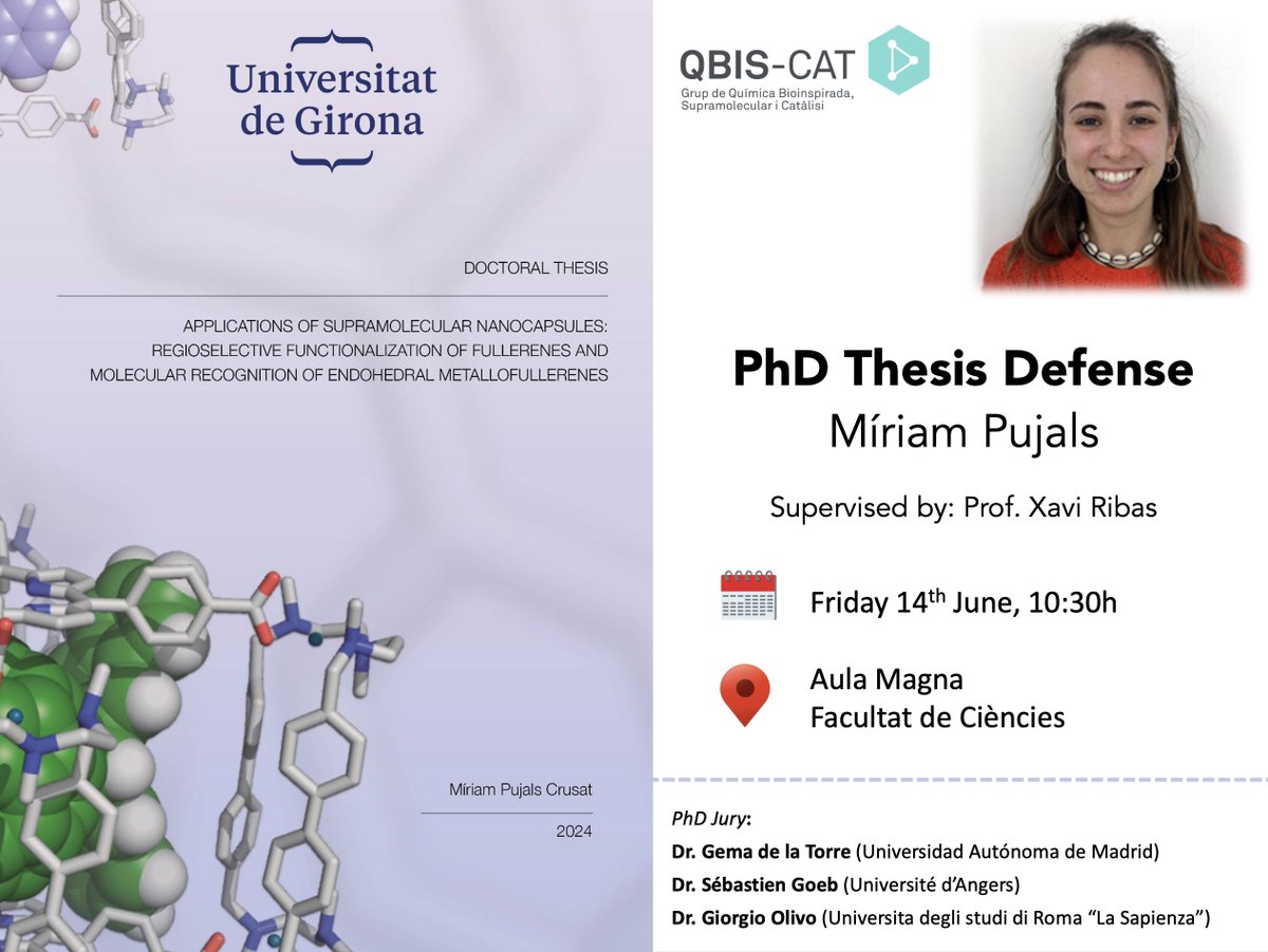Tomorrow, <a href="/miriampucr/">Míriam</a> will present her PhD thesis about the use of supramolecular nanocapsules for regioselective functionalization and molecular recognition of fullerenes, supervised by Prof.
<a href="/ribas_xavi/">xribas</a>.

<a href="/udgdoctorat/">Escola de Doctorat de la UdG</a> <a href="/UdGRecerca/">UdG Recerca</a> <a href="/UdGCiencies/">Facultat de Ciències</a> <a href="/IQCCUdG/">IQCC UdG</a>