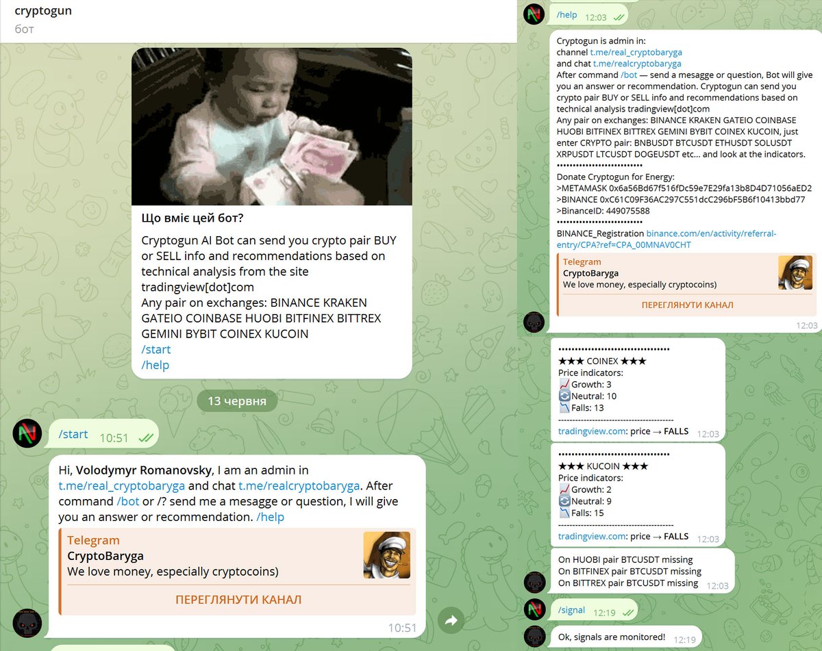 romanovsky79's tweet photo. Сreate #bot in #Telegram @crypto_gunbot💪
AI functionality after /bot command😎
#Cryptogun send you crypto pair BUY or SELL info and recommendations based on technical analysis https://t.co/PmPPBB2dXJ
10+exchanges, enter #CRYPTO pair and look score.🤑
also send me #signals😇 https://t.co/uPLfx5cKOE