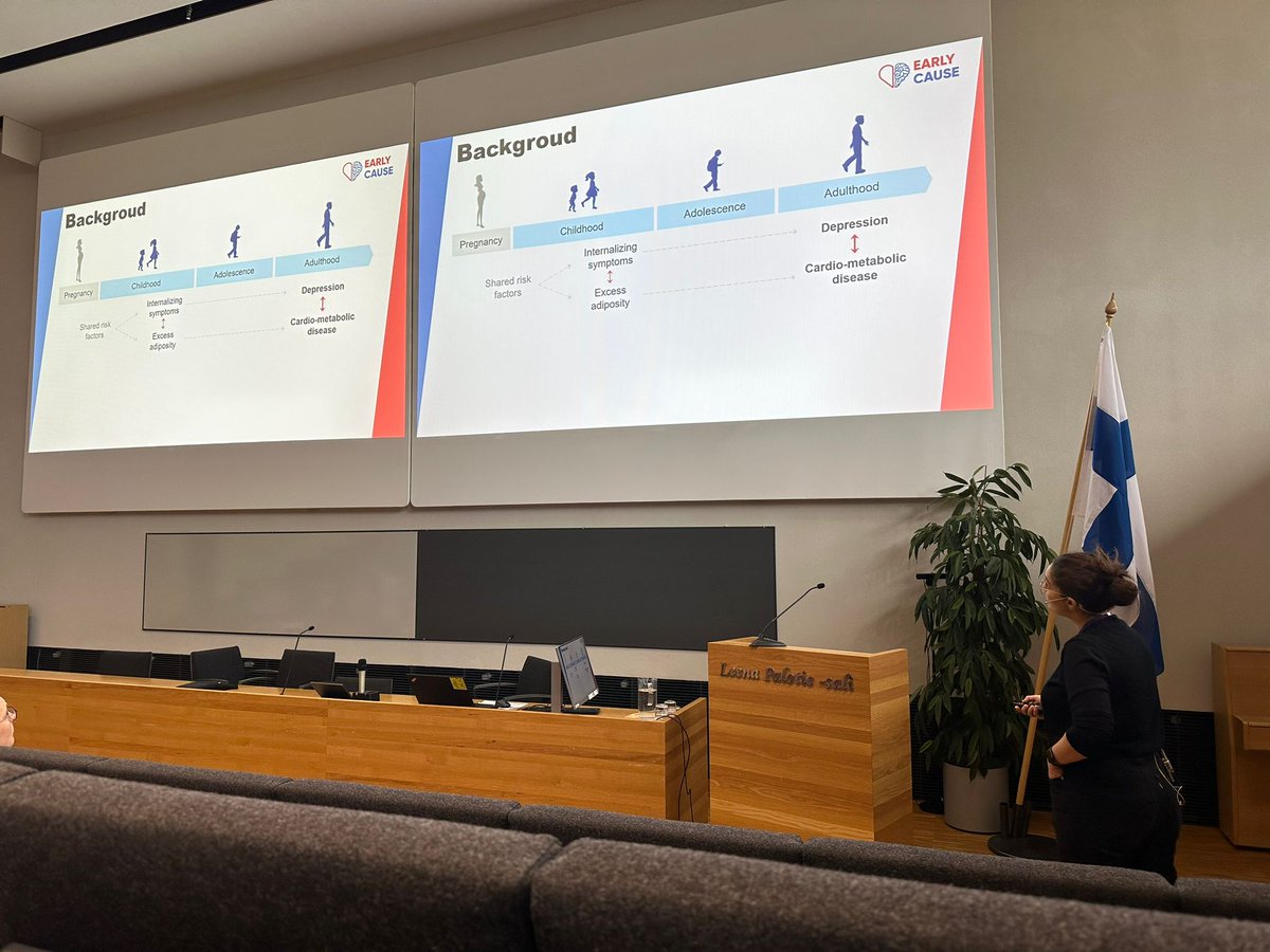 At today's Paula Rantakallio Symposium in Finland, Serena Defina from <a href="/ErasmusMC/">Erasmus MC</a> is presenting our project findings on the longitudinal co-development of depression and cardio-metabolic risk from childhood to young adulthood.💡🧑‍🎓#MentalHealth #PhDLife #Exposome #Healthtech