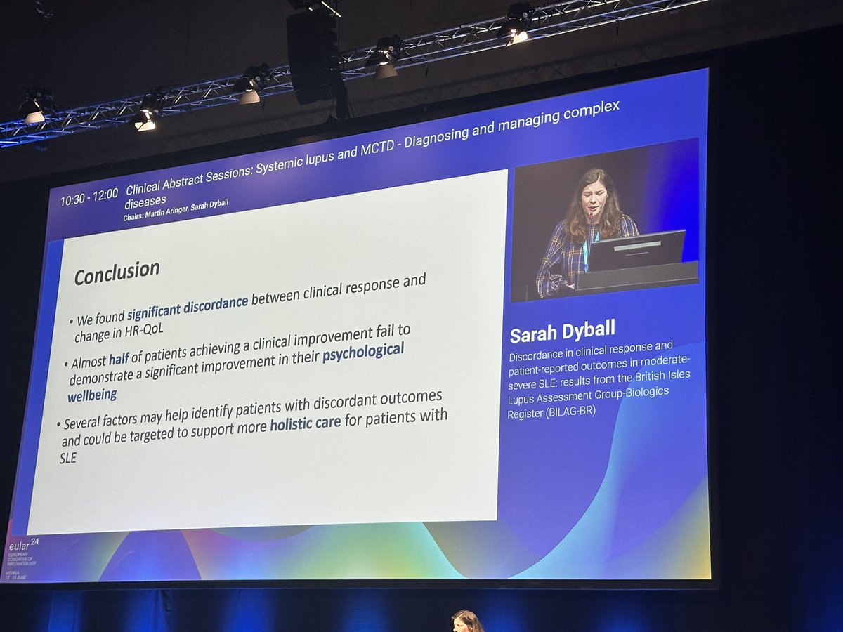 Annals of the Rheumatic Diseases (@eular_ard) on Twitter photo 🗣️ <a href="/sarahdyball1/">Sarah Dyball</a> investigated discordance between physician’s definition of clinical improvement and HRQoL in #lupus
Variables associated with discordance differed for physical and mental domains (SF-36)
Physical:
⬇️ SLEDAI
⬆️ damage and deprivation
Mental:
⬇️ PDN
#EULAR2024 🗣️ <a href="/sarahdyball1/">Sarah Dyball</a> investigated discordance between physician’s definition of clinical improvement and HRQoL in #lupus
Variables associated with discordance differed for physical and mental domains (SF-36)
Physical:
⬇️ SLEDAI
⬆️ damage and deprivation
Mental:
⬇️ PDN
#EULAR2024