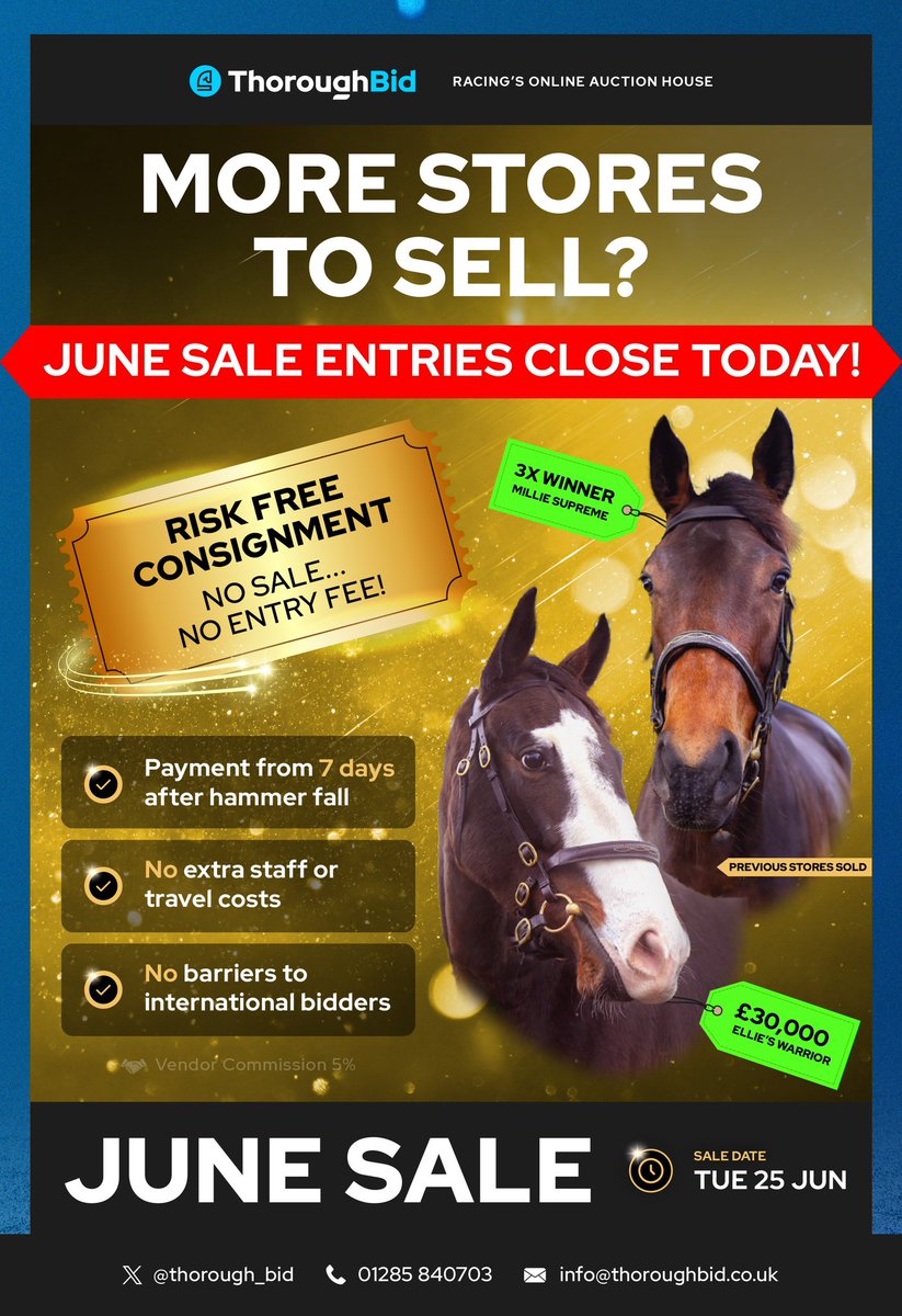 bloodstocknews's tweet photo. More Stores to sell?
๐จ @thorough_bid JUNE SALE ENTRIES CLOSE TODAY ๐จ
Donโt miss out!
๐ Sale Date: Tuesday 25 June
Payment from 7 days after hammer fall โ๏ธ
Visit โก๏ธ https://t.co/O8EDVReogz #ReadAllAboutIt https://t.co/CrCWeERX3i
