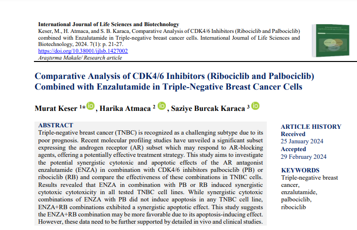 int_sci's tweet photo. Comparative Analysis of CDK4/6 Inhibitors (Ribociclib and Palbociclib) Combined with Enzalutamide in Triple-Negative Breast Cancer Cells

Authors: Murat Keser, Harika Atmaca, Saziye Burcak Karaca

#Triplenegativebreastcancer #enzalutamide #palbociclib

https://t.co/FDwyxn1ULm https://t.co/x1xfgczEOY