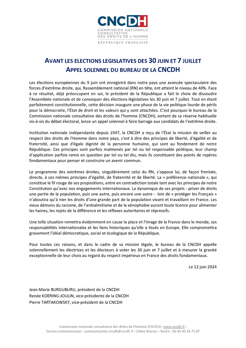 #Electionslegislatives
Le bureau de la #CNCDH, composé du président et des deux vice-présidents, appelle à faire barrage aux extrêmes droites les 30 juin et 7 juillet.
👉 cncdh.fr/actualite/elec…
