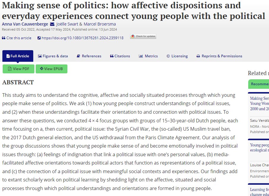 J of Youth Studies (@jofys) on Twitter photo NEW ARTICLE ALERT!
Anna Van Cauwenberge, Joëlle Swart & Marcel Broersma:
Making sense of politics: how affective dispositions and everyday experiences connect young people with the political
tandfonline.com/doi/full/10.10… NEW ARTICLE ALERT!
Anna Van Cauwenberge, Joëlle Swart & Marcel Broersma:
Making sense of politics: how affective dispositions and everyday experiences connect young people with the political
tandfonline.com/doi/full/10.10…