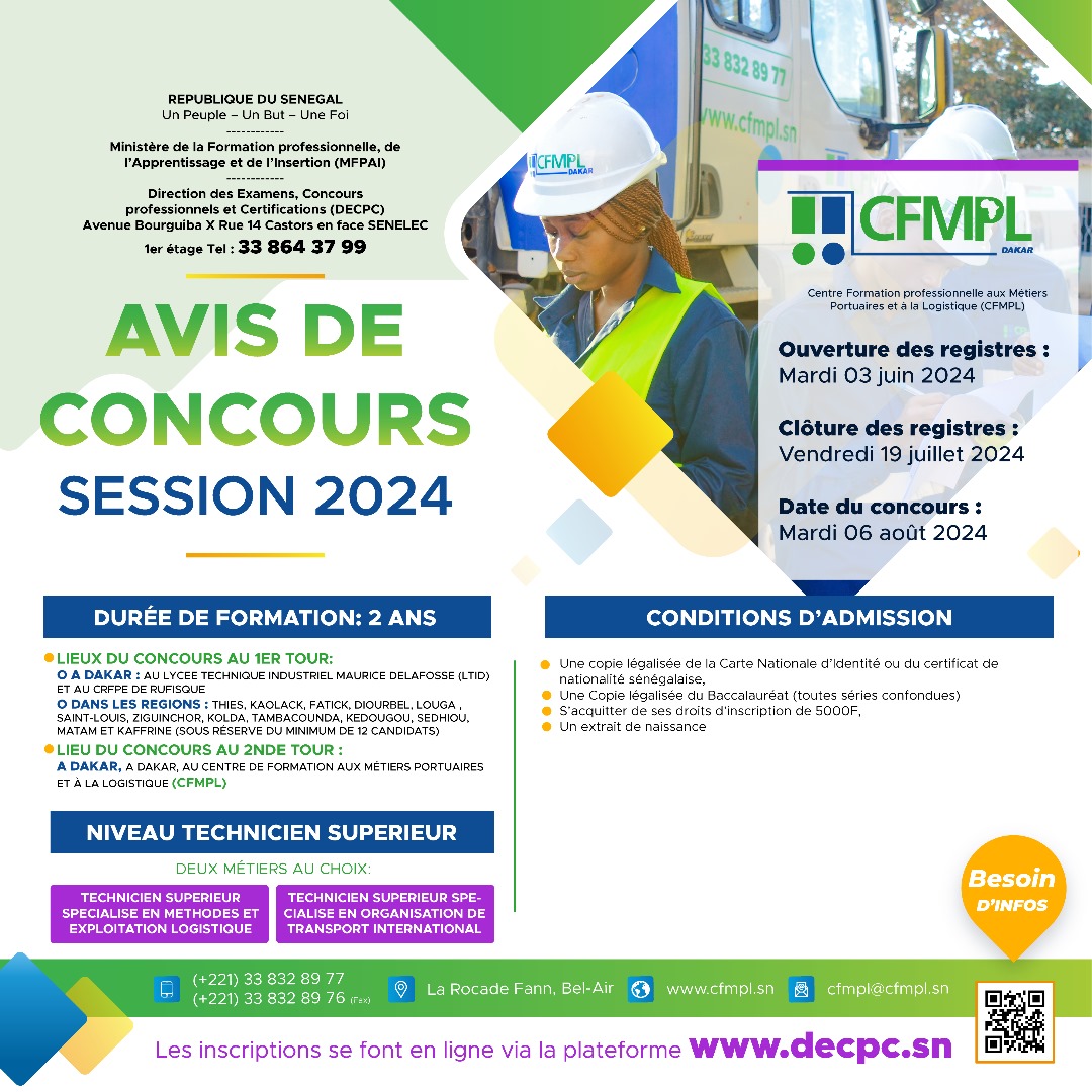 CFMPL3's tweet photo. AVIS DE CONCOURS CFMPL - SESSION 2024 : niveau conducteur & technicien supérieur.
#formationprofessionnelle #formationtransport #formationlogistique #formationconduite #métierslogistiques #métiersportuaires #emploi #kebetu https://t.co/VWoeDtOxY5