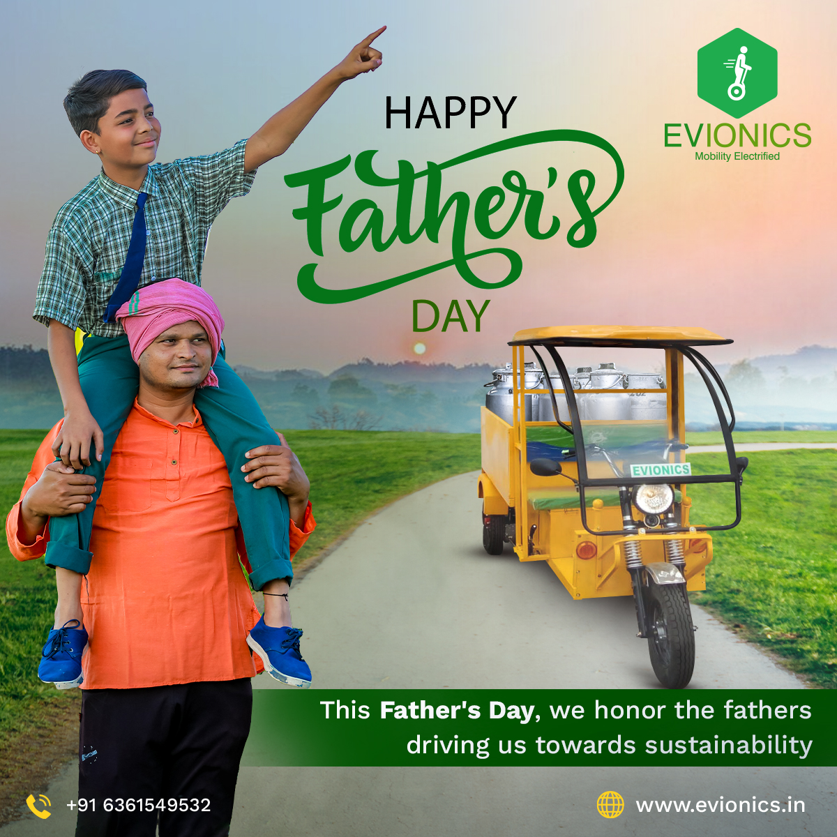 Today, we celebrate the incredible fathers who guide us with their wisdom, love, and support. This #FathersDay, lets honor dads who care for families and the planet. 

#HappyFathersDay #electricvehicles #Transportation #sustainability #SustainableFuture #Evionics