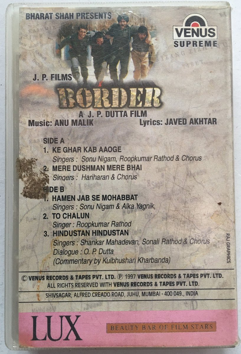 MovzMusicals999's tweet photo. #27YearsOfBorder
SET during indo pak war of 1971 and based on the events of #BattleOfLongewala
#Border Audio cassette
#AnuMalik musical
@iamsunnydeol @SunielVShetty @jackieshroff #Akshayekhanna #Tabu @PoojaB1972 #JPDutta https://t.co/tanLBqqBfe