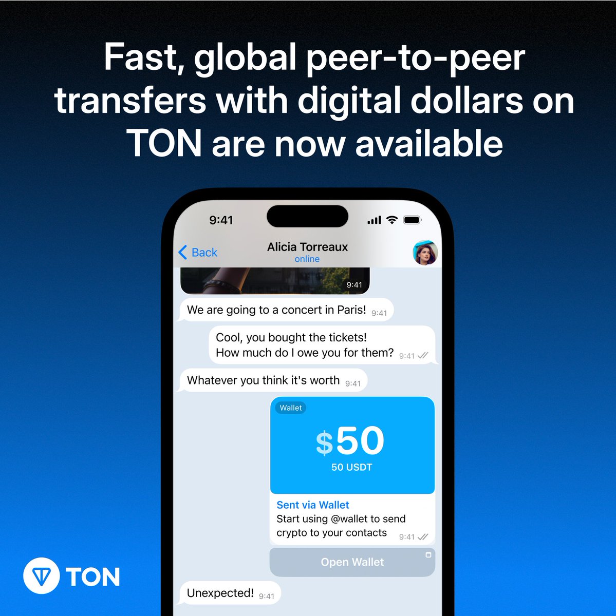 ton_blockchain's tweet photo. Fast, global peer-to-peer transfers with digital dollars on TON are now available.