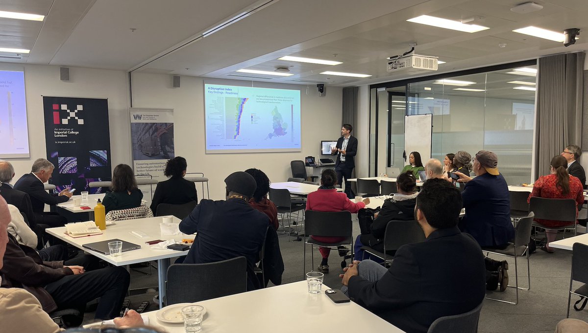 FutureWorkInst's tweet photo. Packed room at @imperialcollege's i-HUB yesterday for our @LDNTechWeek fringe event launching our new #DisruptionIndex analyses highlighting bottlenecks in regional innovation ecosystems, and the challenges and opportunities of trumpeting tech / AI as a means of boosting growth. https://t.co/mBiso1eXdY