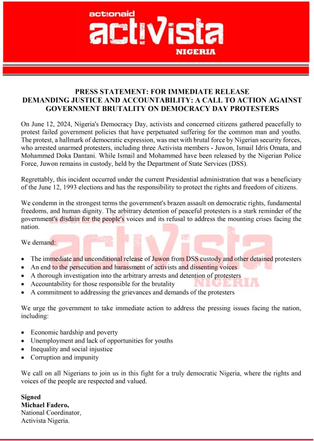 <a href="/OfficialDSSNG/">Department of State Services (DSS)</a> #FreeJuwonNow #FreeTheActivista3 #ProtestIsNotaCrime #June12Protest #DCA #DemocracyConvening <a href="/ActionAidNG/">ActionAid Nigeria</a> <a href="/ActivistaNG/">ActivistaNigeria</a> <a href="/TIBmovement/">Take it back Movement</a>