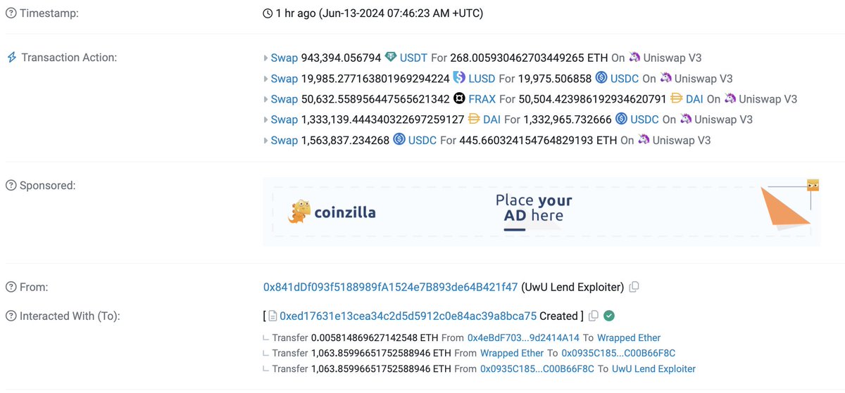 lookonchain's tweet image. UwU Lend (@UwU_Lend) was attacked by the same hacker again 1 hour ago, losing 1,064 $ETH($3.7M).

2 days ago, #UwULend was attacked 3 times, losing 4,907 $ETH($17.1M).

#UwULend lost a total of 5,971 $ETH($20.8M).

etherscan.io/address/0x841d…