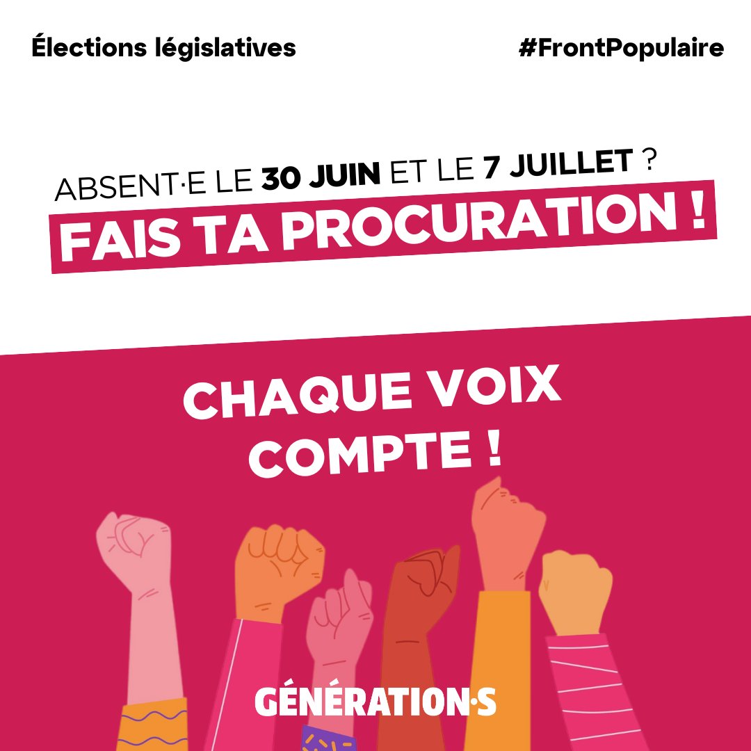 GenerationsMvt's tweet image. 🚨 Tu es absent·e les dimanches 30 juin et le 7 juillet ?

Fais ta procuration !

Chaque voix va compter pour faire gagner le #FrontPopulaire ✊️