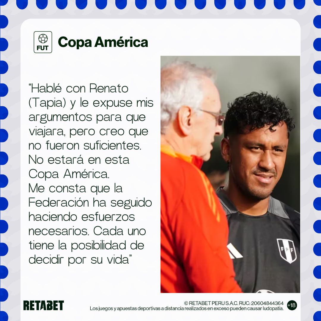 RETAbet_pe's tweet photo. ¿Cómo interpretas las declaraciones de Jorge #Fossati sobre la baja de #RenatoTapia? 🤔🇵🇪 #SeleccionPeruana #CopaAmerica2024 

📷 La Bicolor Twitter https://t.co/Qx6Y7NCx2h