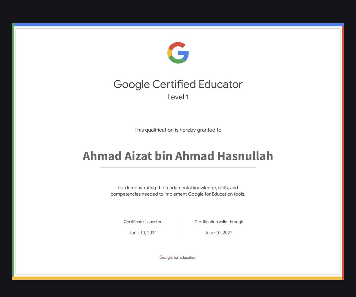 AizatHasnullah's tweet photo. GCE Level 1 ✅ Next, GCE Level 2 on July, 1st.
MIEE 2024-2025 nomination pun on the way..ke arah guru jauhari digital katanya. 😂😂
#AppleTeacher✅
#GoogleCertifiedEducator✅
#MIEE_MicrosoftInnovativeEducatorExpert🔜 https://t.co/Ss7FwyXz6H