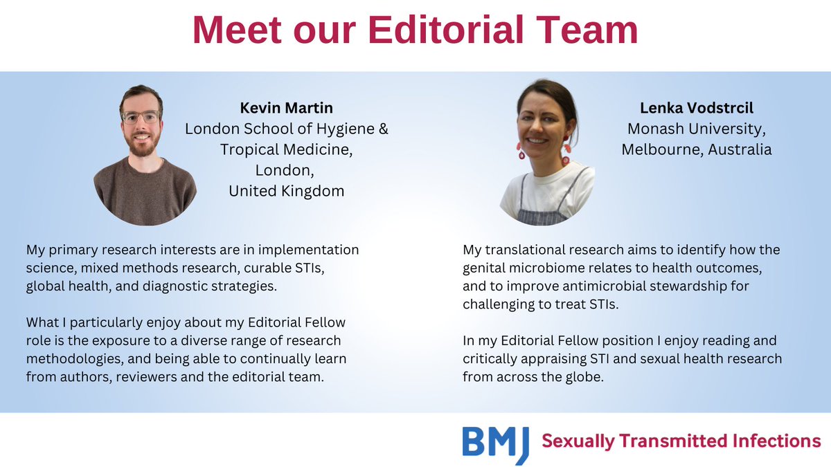 STI_BMJ (@sti_bmj) on Twitter photo Introducing two of <a href="/STI_BMJ/">STI_BMJ</a>'s Editorial Fellows: <a href="/dr_kevin_martin/">Kevin Martin</a> and <a href="/lenkavod/">Lenka Vodstrcil</a>.
Thank you for your valuable contributions to our journal and the STI field. Introducing two of <a href="/STI_BMJ/">STI_BMJ</a>'s Editorial Fellows: <a href="/dr_kevin_martin/">Kevin Martin</a> and <a href="/lenkavod/">Lenka Vodstrcil</a>.
Thank you for your valuable contributions to our journal and the STI field.