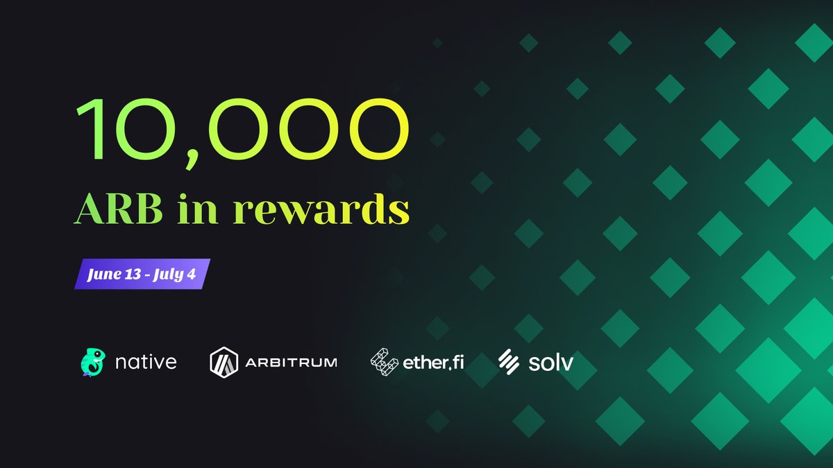 Dive into another mission voyage worth of 10,000 ARB by Native x <a href="/ether_fi/">ether.fi</a> x <a href="/SolvProtocol/">Solv Protocol</a> x <a href="/arbitrum/">Arbitrum</a>

Here are what you need to know about this upcoming adventure:
⏰Time: June 13 - July 4
🤑Rewards: 10,000 ARB
📌Open date for claim: July 5, 6PM SGT

You missions will cover: