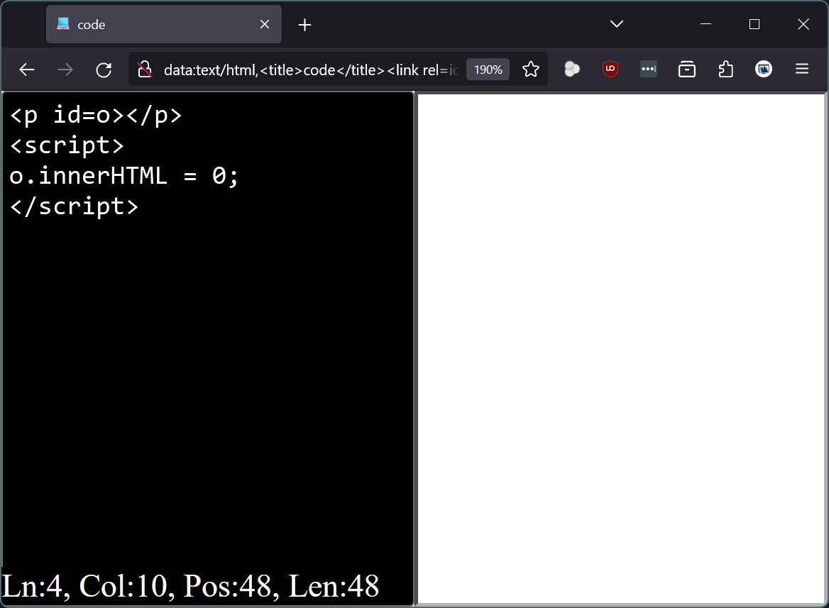 lewdev's tweet image. 🔖Bookmarklet HTML Code Editor 🆕

I made some notable changes to my #bookmarklet (#AddressBarApp). It now shows where your cursor is when you click or start typing. I also added a favicon to help you identify it amongst your tabs.

gist.github.com/lewdev/d06bb3b…