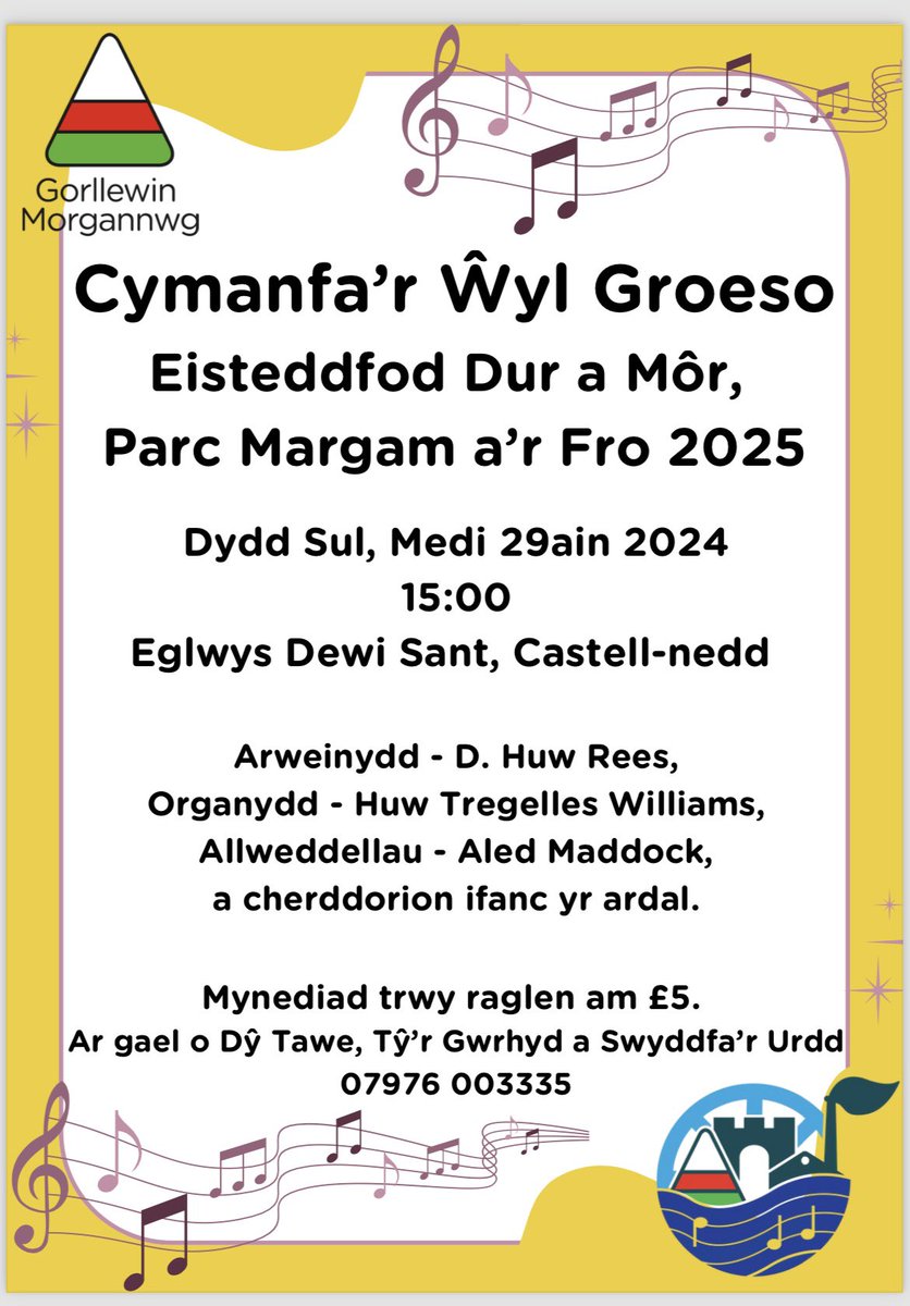 DuraMor2025's tweet photo. ⭐️Cymanfa’r Ŵyl Groeso⭐️

🗓️Dydd Sul, Medi 29ain 2024
📍Eglwys Dewi Sant, Castell Nedd
⏰3pm

Mynediad trwy raglen am £5. Ar gael o Dŷ Tawe, Tŷ’r Gwrhyd a Swyddfa’r Urdd! https://t.co/mKzldxsLYb