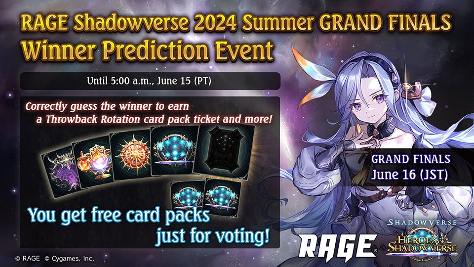RAGE Shadowverse 2024 Summer GRAND FINALS Winner Prediction Event: I voted for Spicies. rage-esports.jp/shadowverse/20… #RAGEPredictionEvent