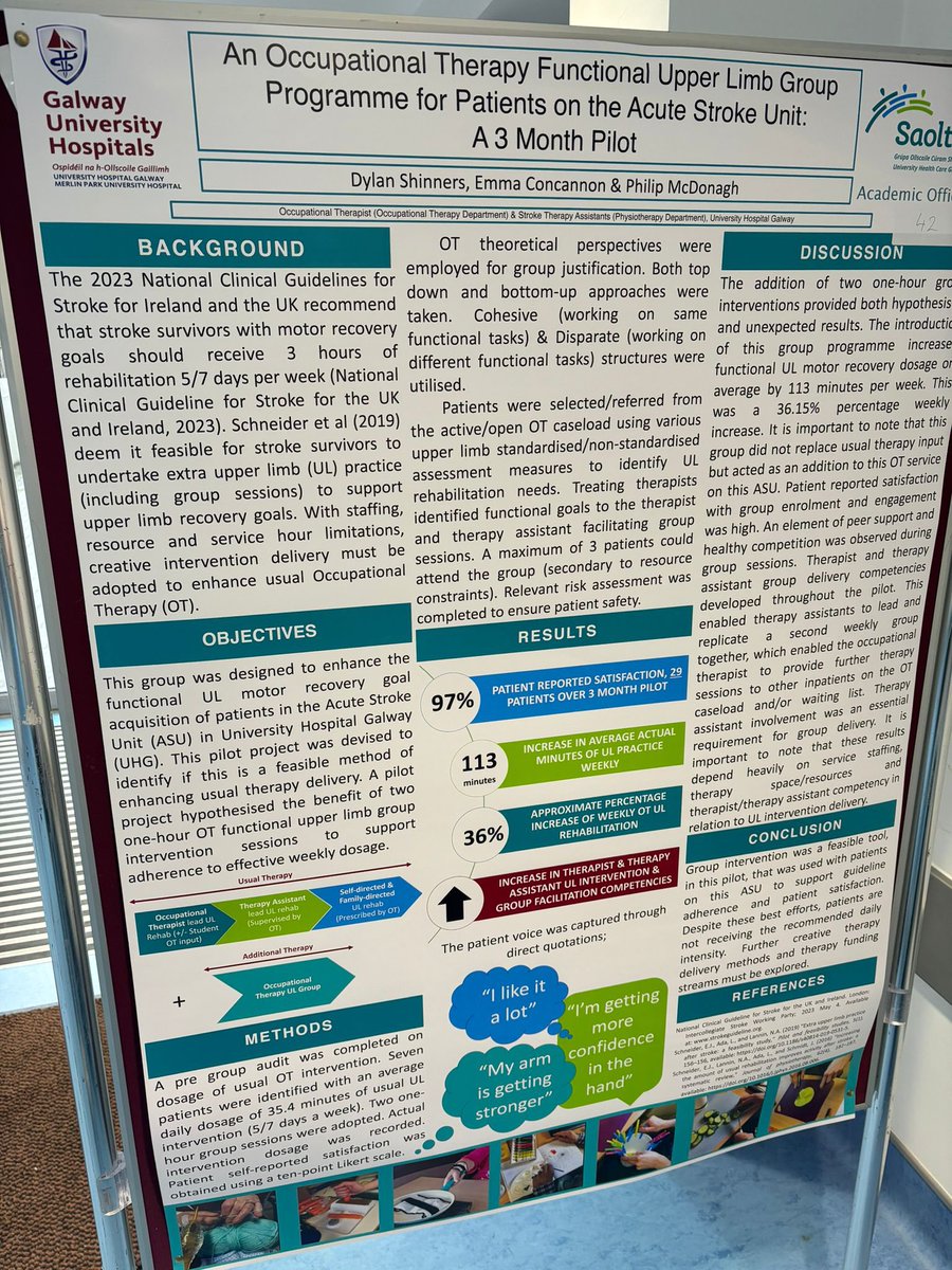 Delighted to be presenting at University Hospital Galway’s research day on our OT functional upper limb group on the acute stroke unit. This is a great opportunity to showcase the work of the acute stroke OT service and our stroke therapy assistant colleagues 💪🏼